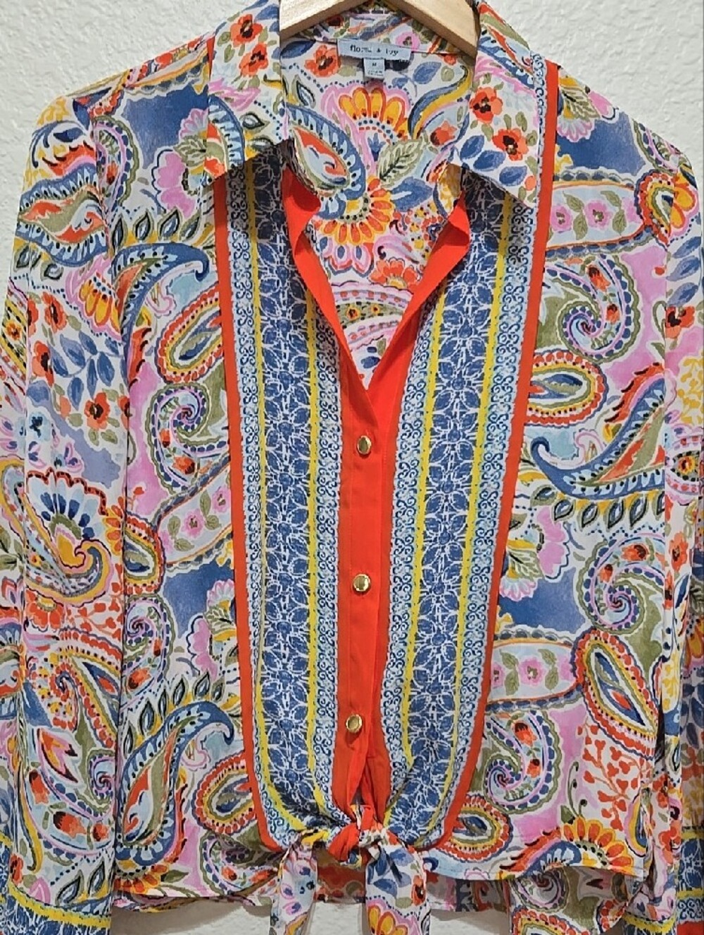 Floral And Ivy Boho Paisley Tie-Front Bell Sleeves Button Shirt - Orange Multi - Picture 6 of 12